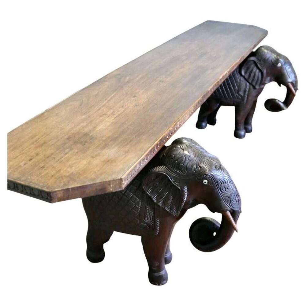Unusual Window Seat or Hall Bench with Carved Elephants