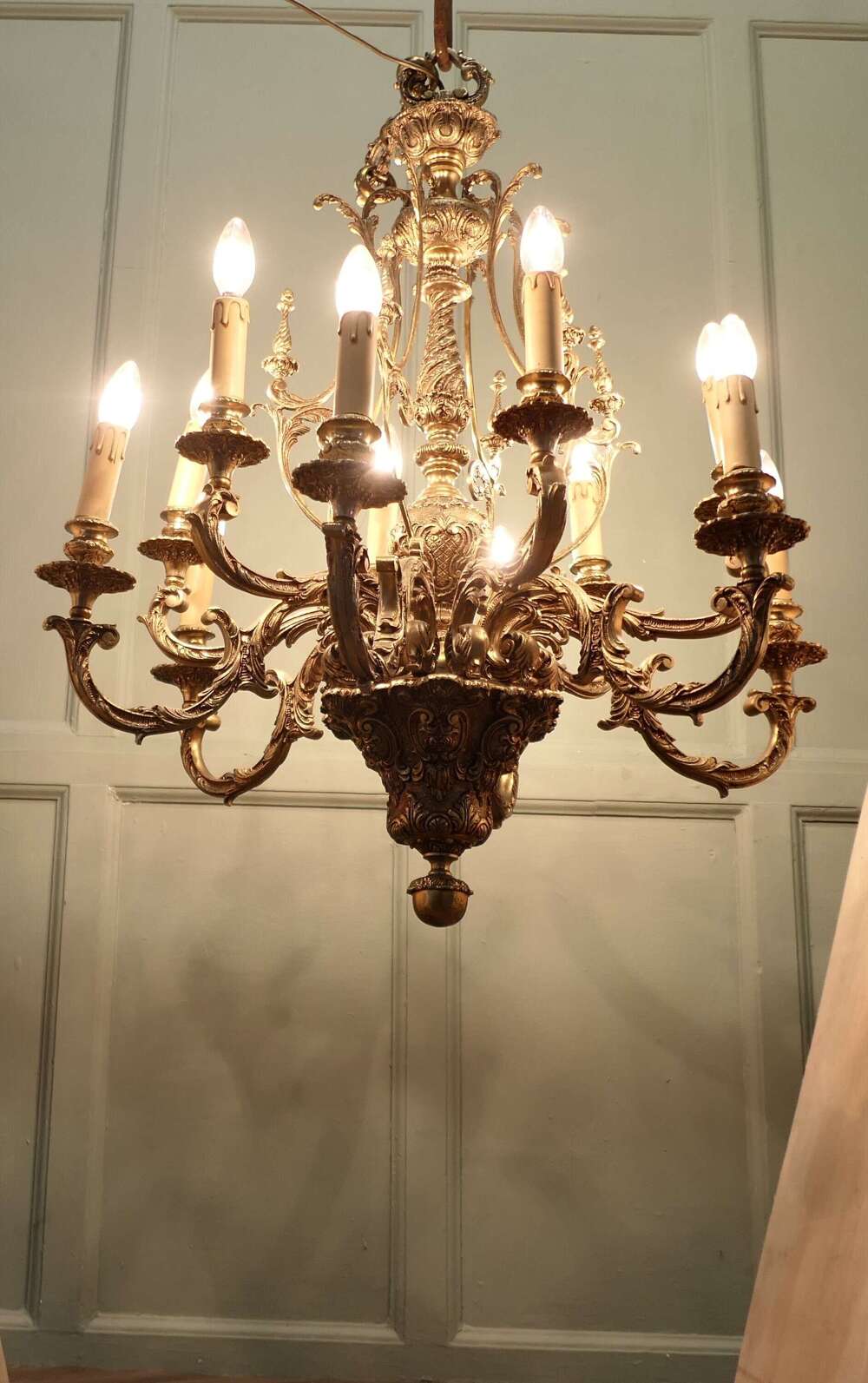 French Twelve Branch Two Tier Gilded Brass Chandelier