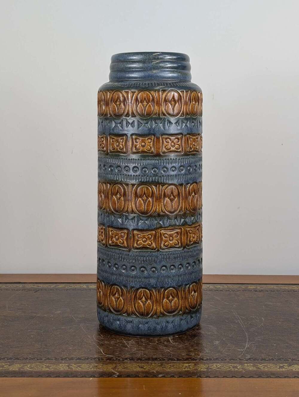 Large West German Scheurich 289-41 floor vase with Aztec pattern & blue brown glaze, 1960s