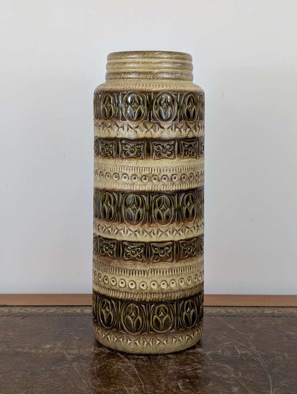 Large West German Fat Lava floor vase 289-41 with aztec banded pattern, 1970s mid-century