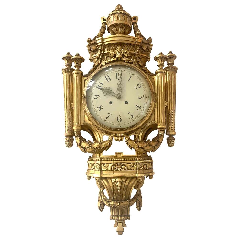 Swedish Louis Xvi Style Wall Clock Gold-plate, Enamel, And Brass, 1949