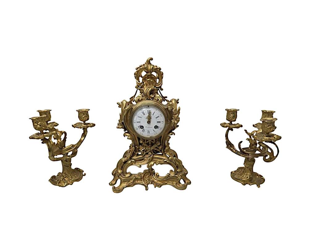 A Fabulous 19th Century Gilt Bronze French Antique Clock Garniture Set