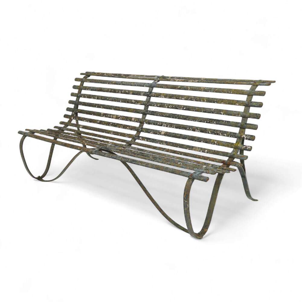 19th Century Wrought Iron Strapwork Garden Bench with Scrolled Legs & Old Green Paint