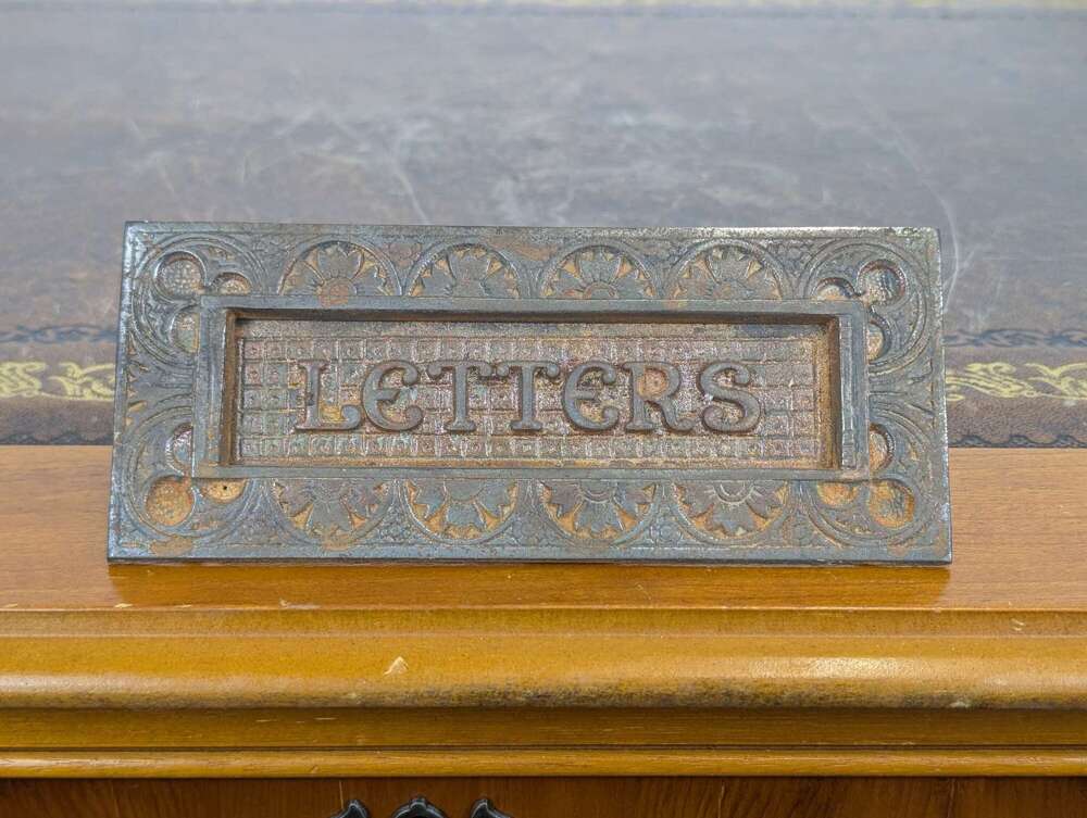Victorian cast iron letter plate by A. Kenrick & Sons, Christopher Dresser design, c. 1875