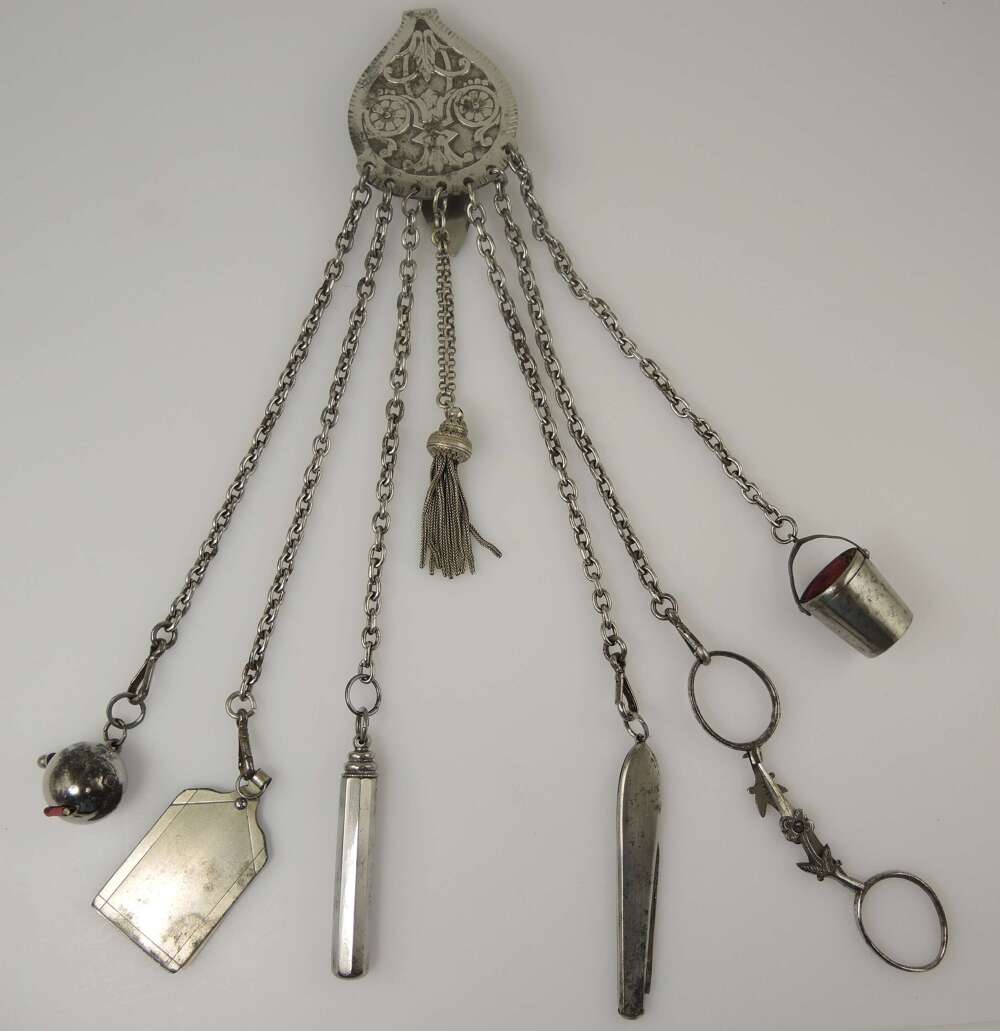 Arts and Crafts cut steel chatelaine with accessories c1890