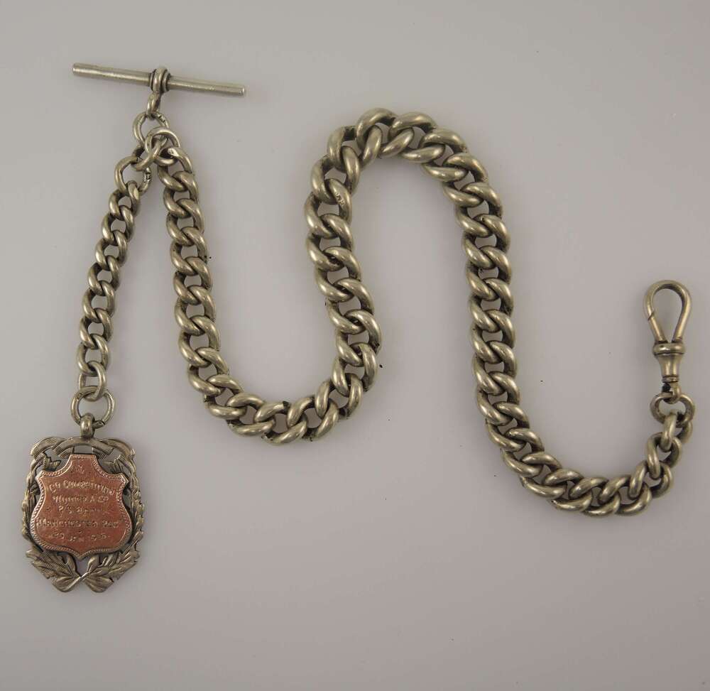 Massive English silver chain with military fob. 93g in weight c1899