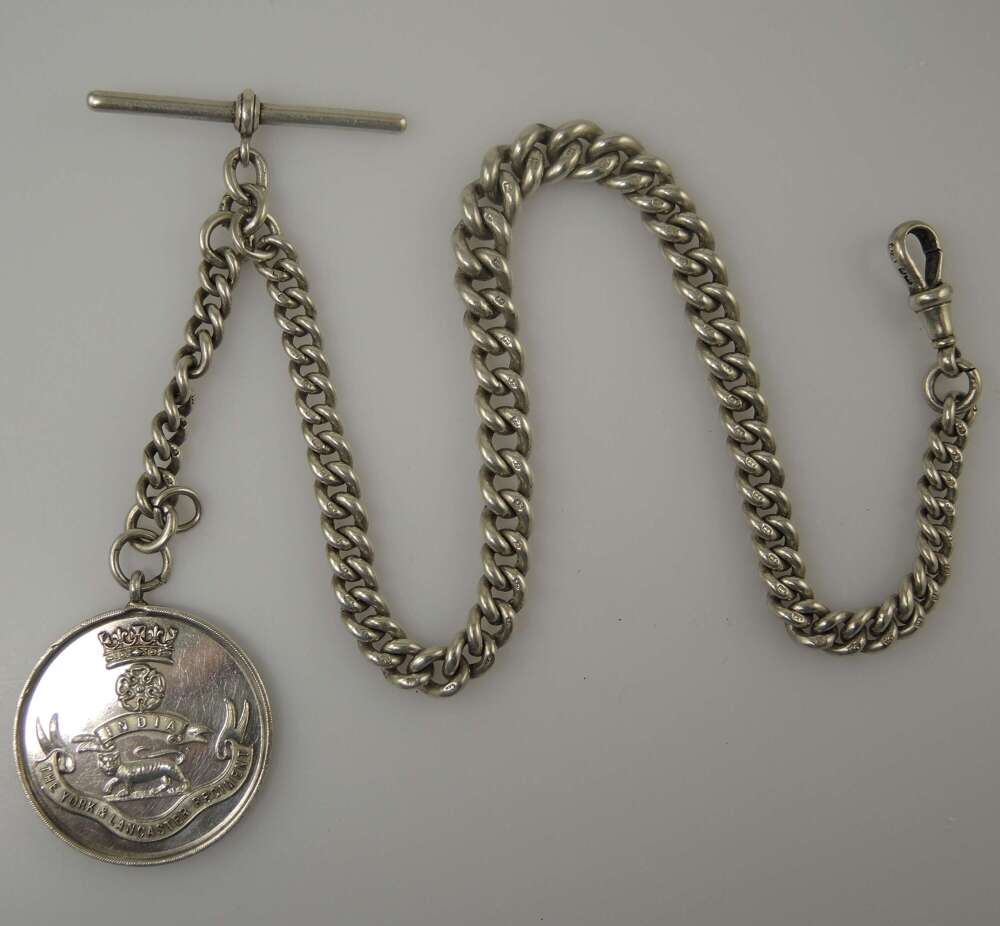 Large English silver pocket watch chain with India York and Lancaster Reg c1923