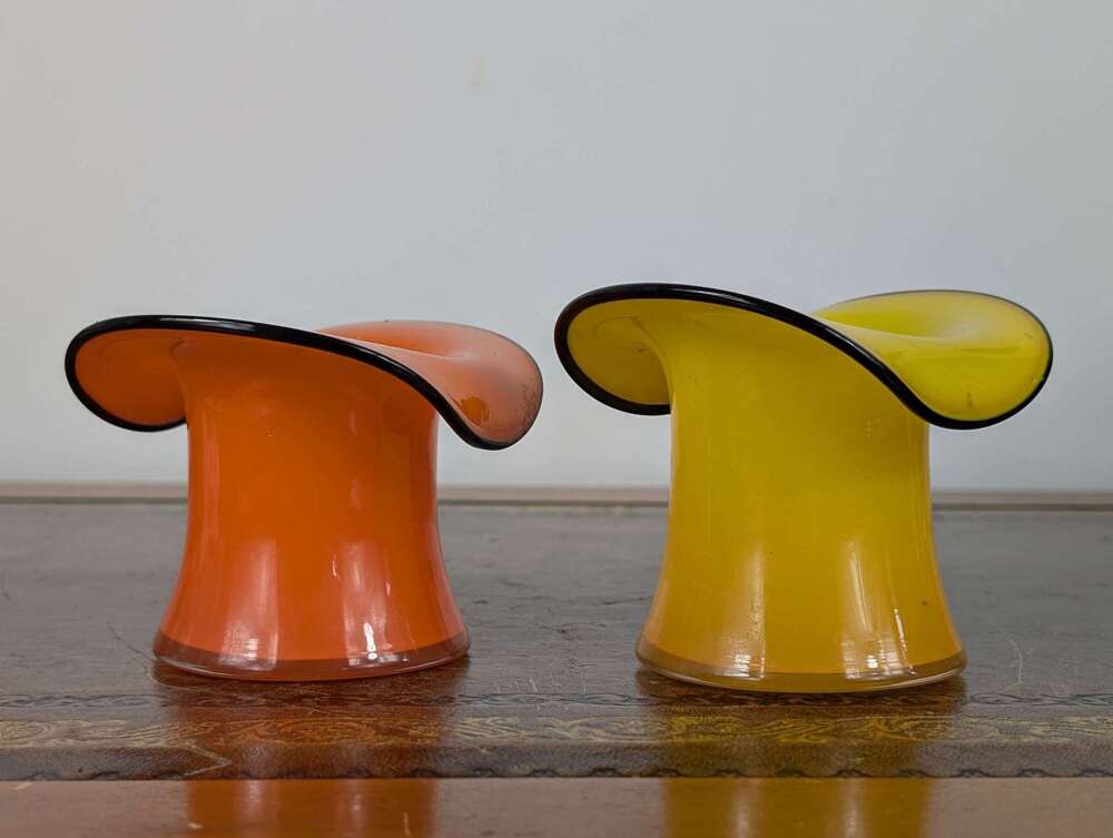 Pair of Bohemian tango glass vases in orange and yellow, Welz or Kralik, circa. 1920s