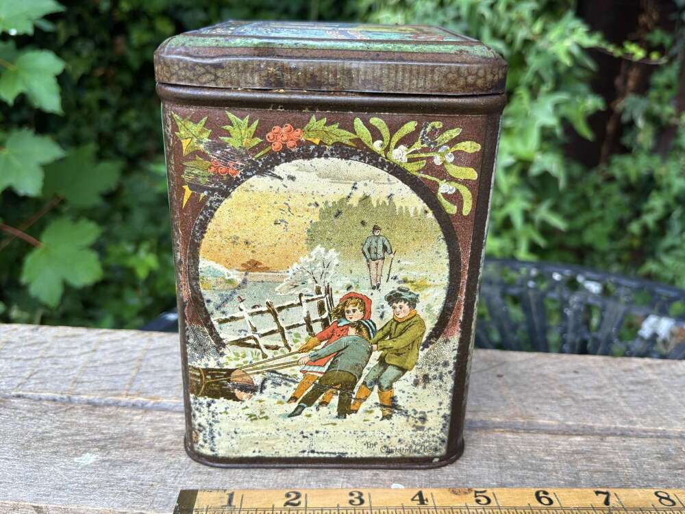 Victorian Christmas Children Sleighing Red Cross Lozenges Tin c1890s