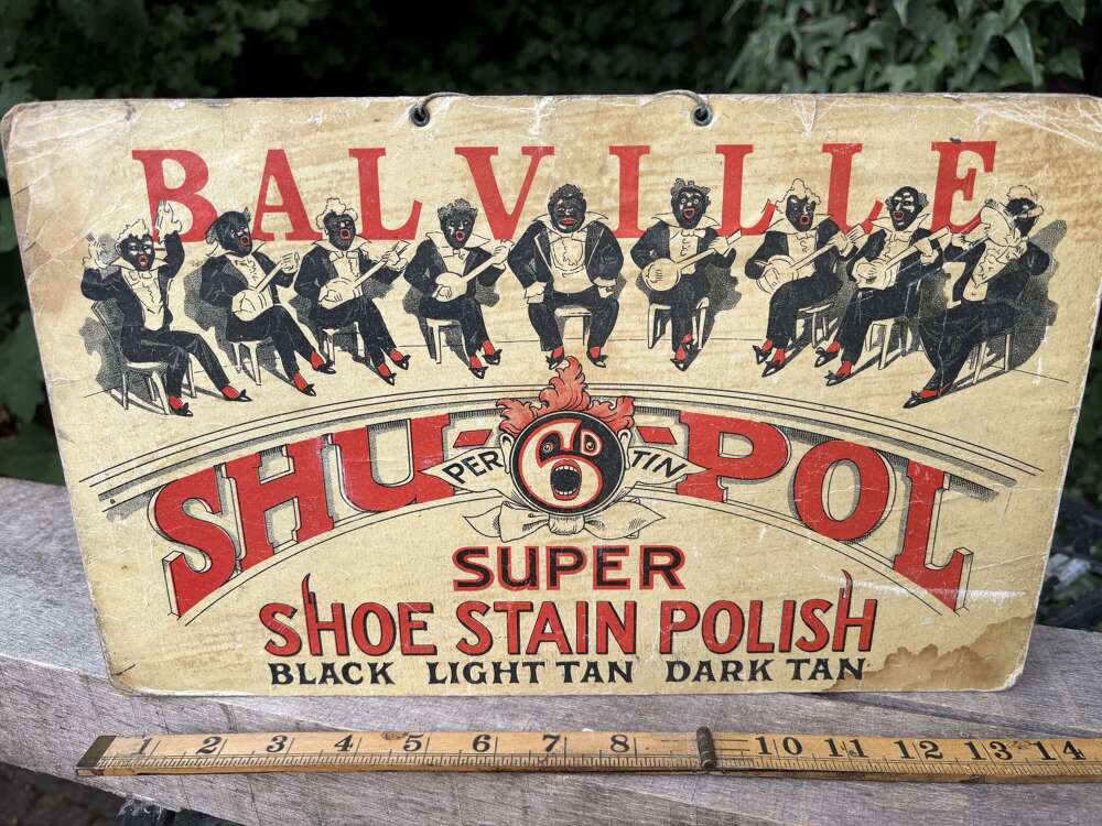 Balville London Black Americana Banjo Band Shoe Boot Polish Advertising Card Sign c1920s