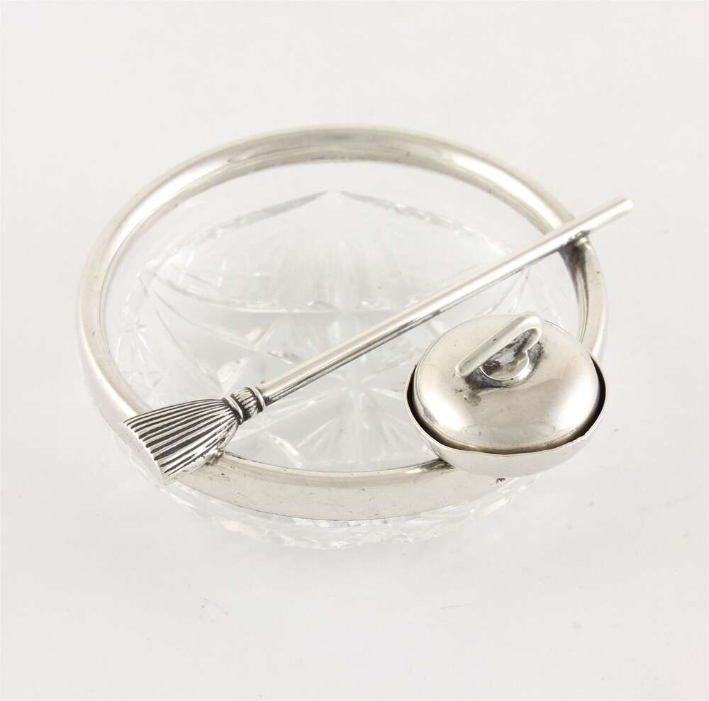 Curling Stone & Brush Pin Dish. German 800 Silver & Cut Glass.