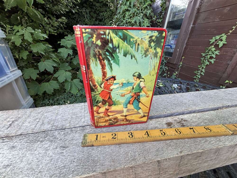 Pirates Book Shaped Toffee Tin Money Bank Box c1950s