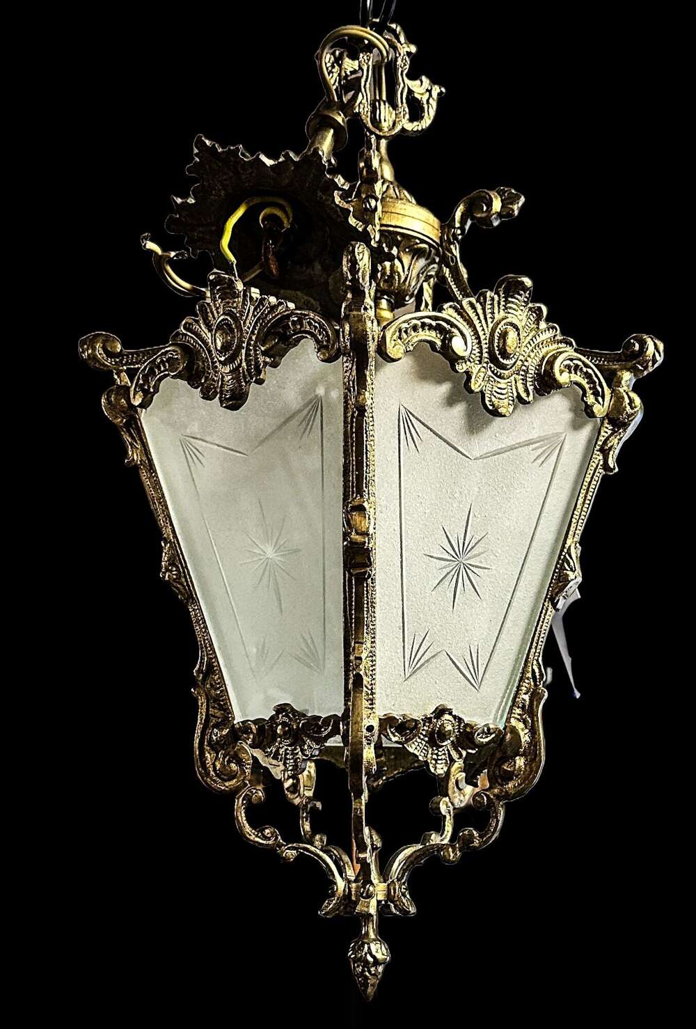 French Country House Brass Pendant Lamp with Etched Glass