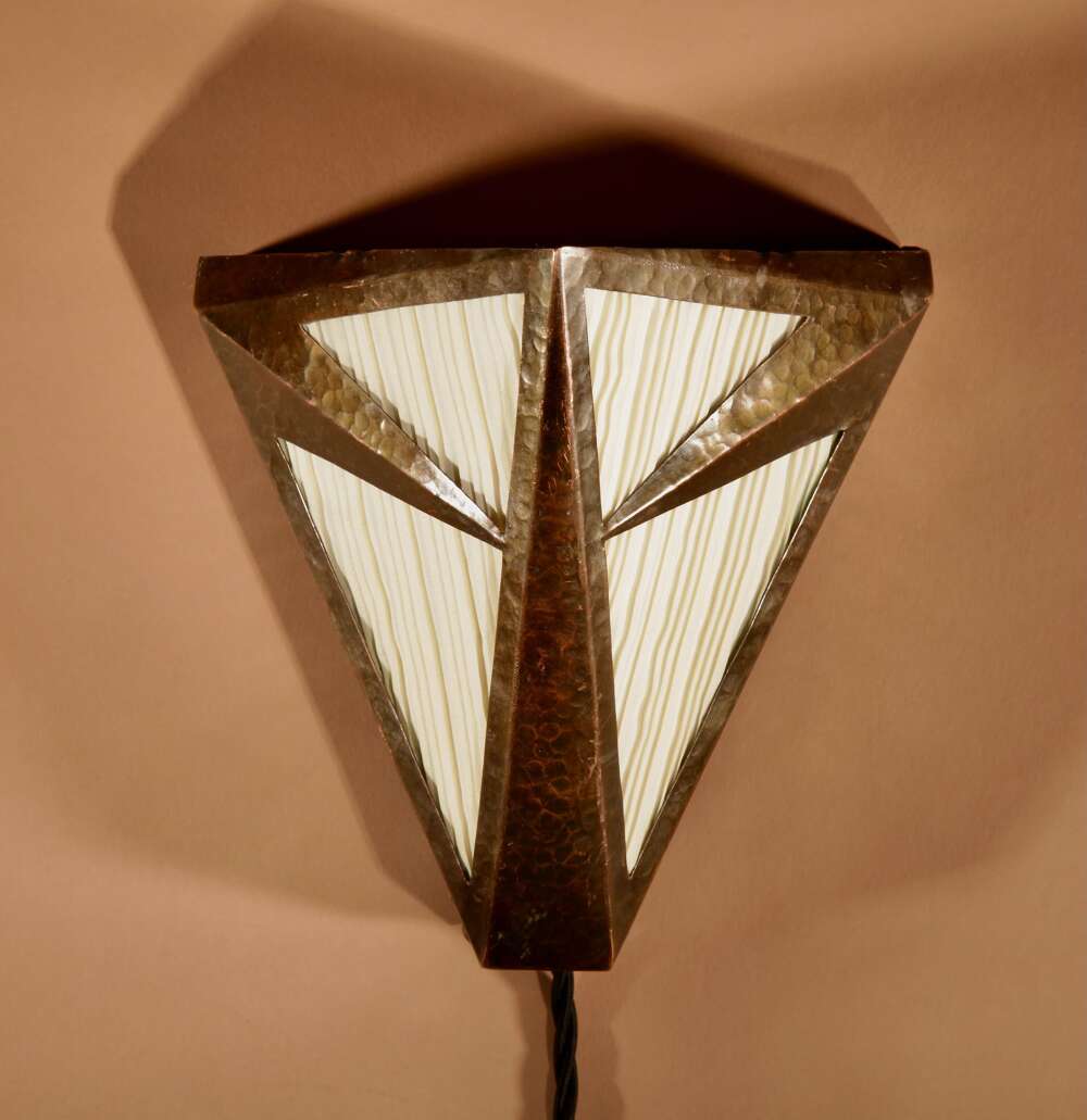 Amsterdam School Style Hand Chased Copper Wall Lamp.