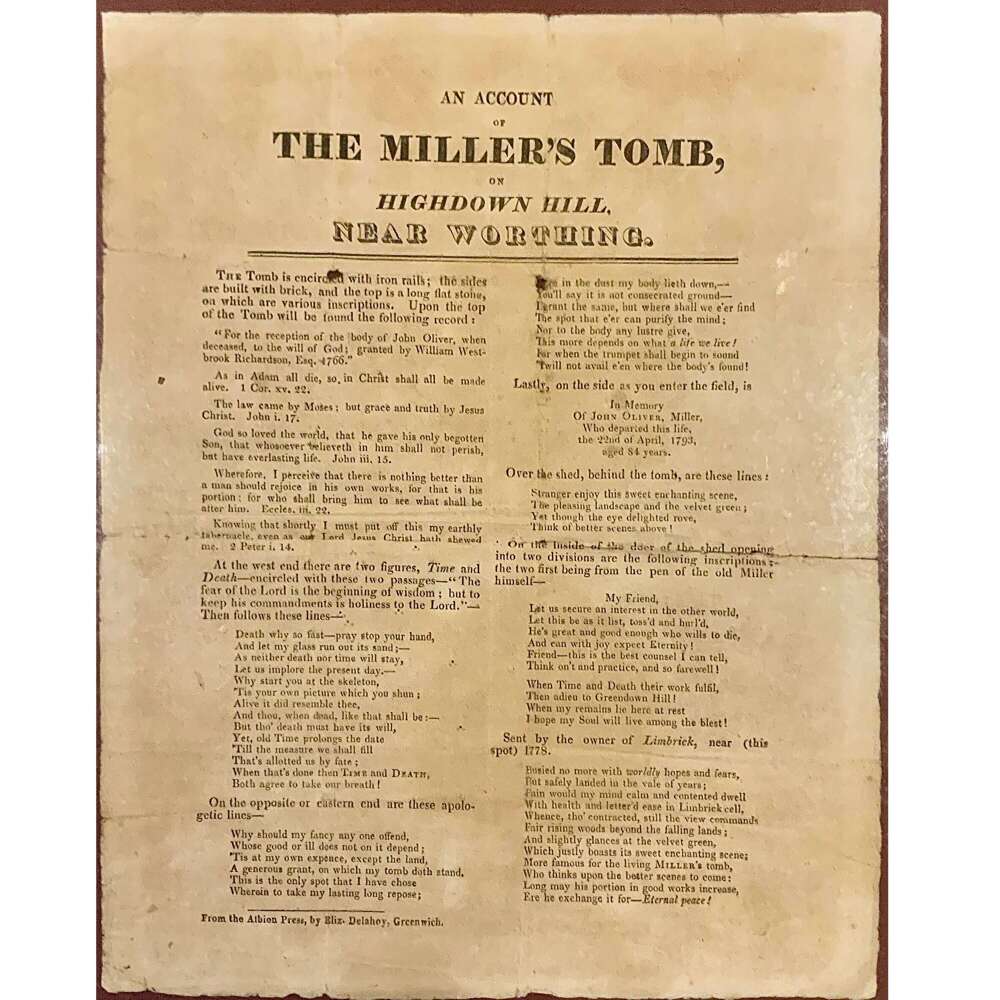 &ldquo;An Account of The Miller&rsquo;s Tomb On Highdown Hill Near Worthing&rdquo; Regency Letterpress Sheet