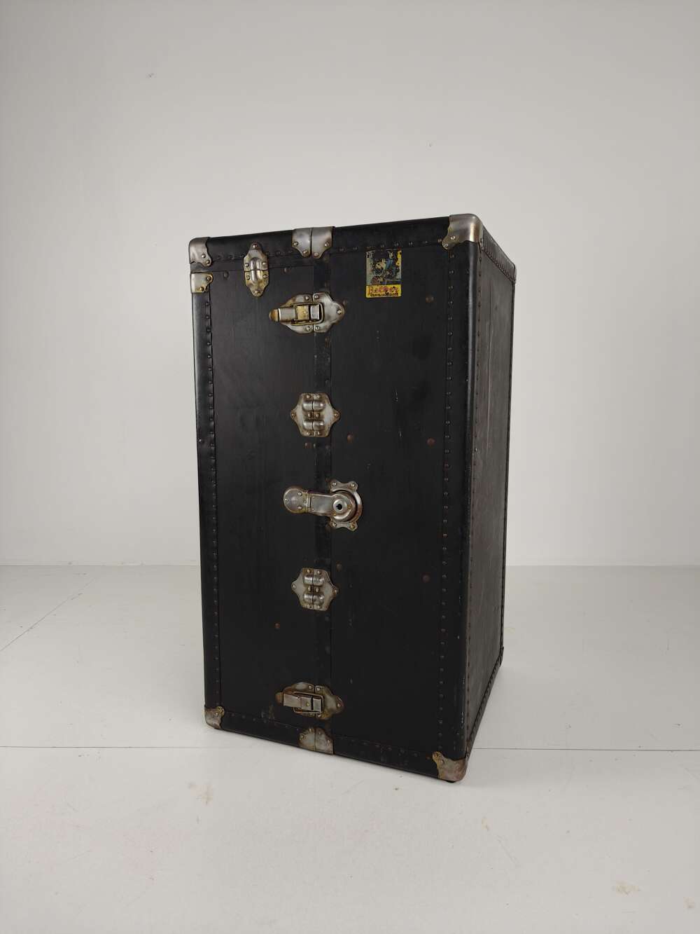 Antique 1924 Belber Black Leather Steamer Trunk - Large Travel Wardrobe