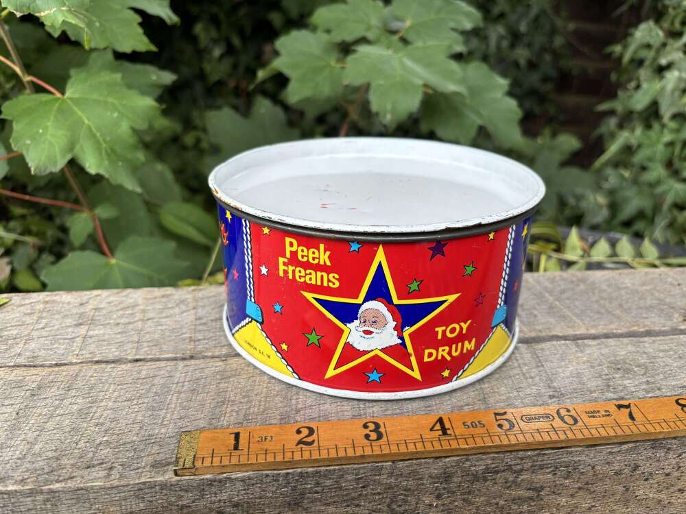 Peek Frean Santa Claus Christmas toy Drum Biscuit Tin c1960s