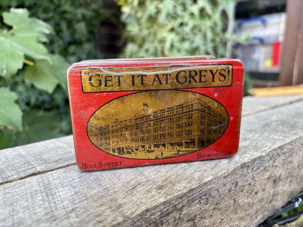 Grey's Bull St. Birmingham Shop Image Toffee Tin c1910