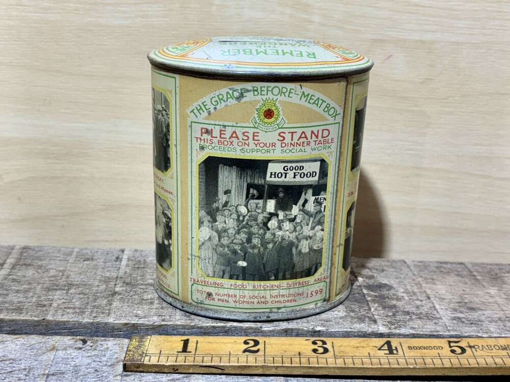 Scarce Salvation Army William Booth Grace Before Meat Collection Money Box Tin Bank c1920s