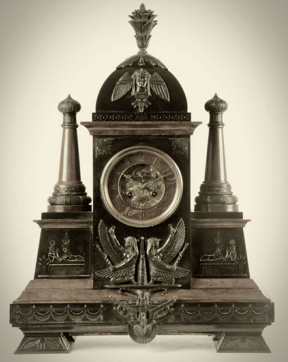 Henri Marc, Paris - Egyptian Revival, Statuesque Very Imposing Black 'slate'/rouge Marble