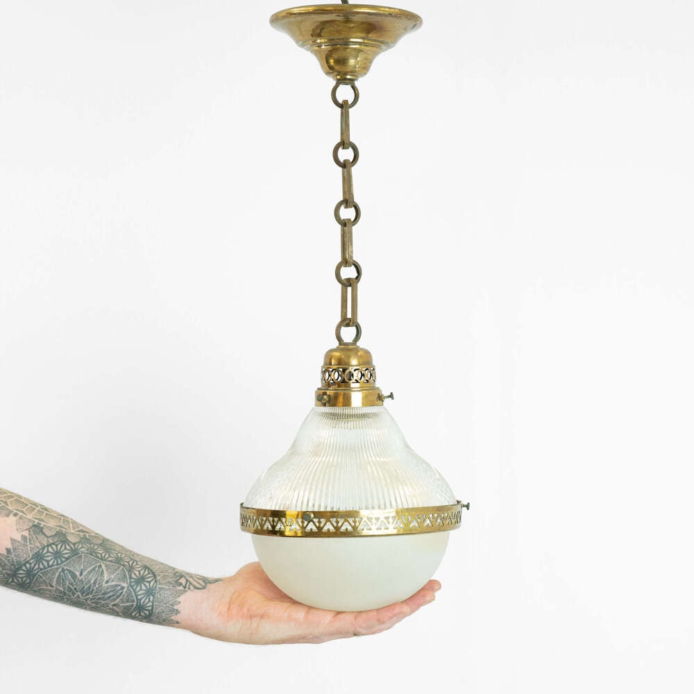 Two Part Brass & Opaque Glass Pendant Light