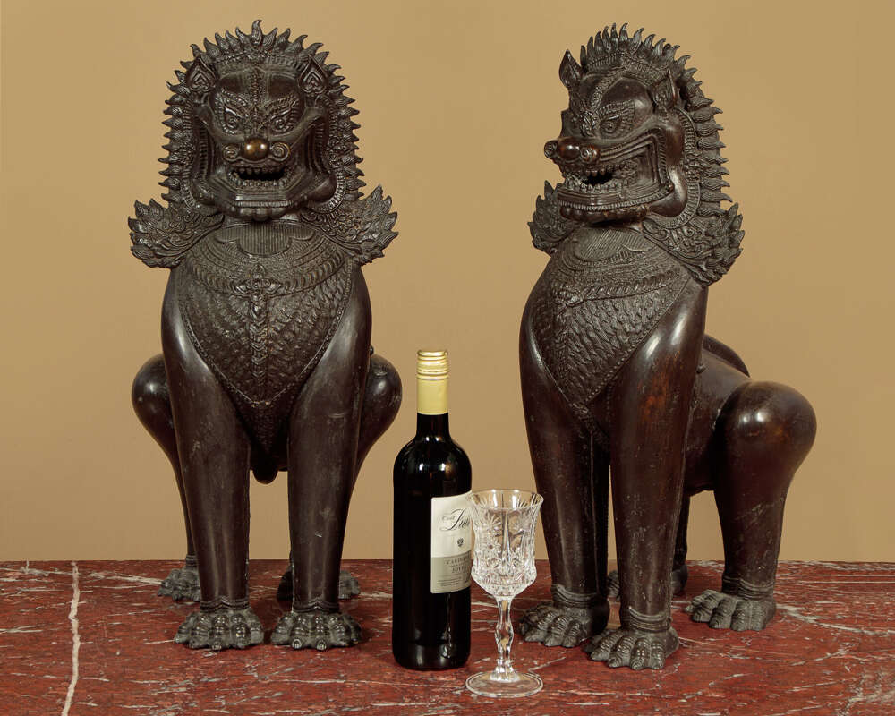Pair Of Large Bronze Temple Lions