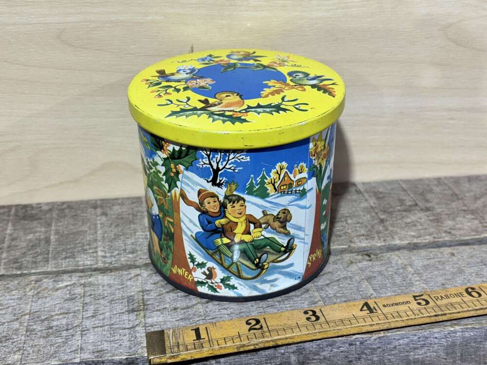 Blue Bird Children in the Seasons Christmas Image Toffee Tin c1950s