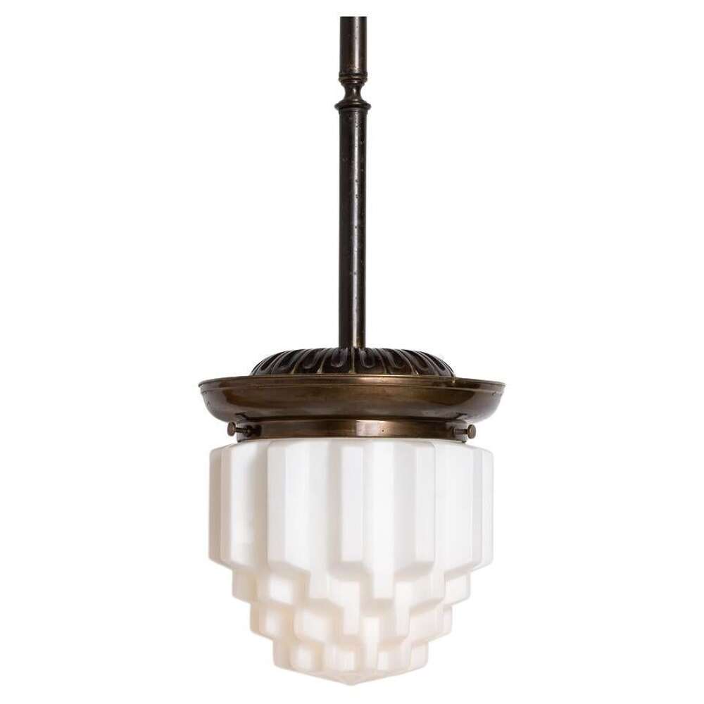 Large Art Deco Geometric Jelly Mold Opaline Glass Pendant Lights With Aged Brass