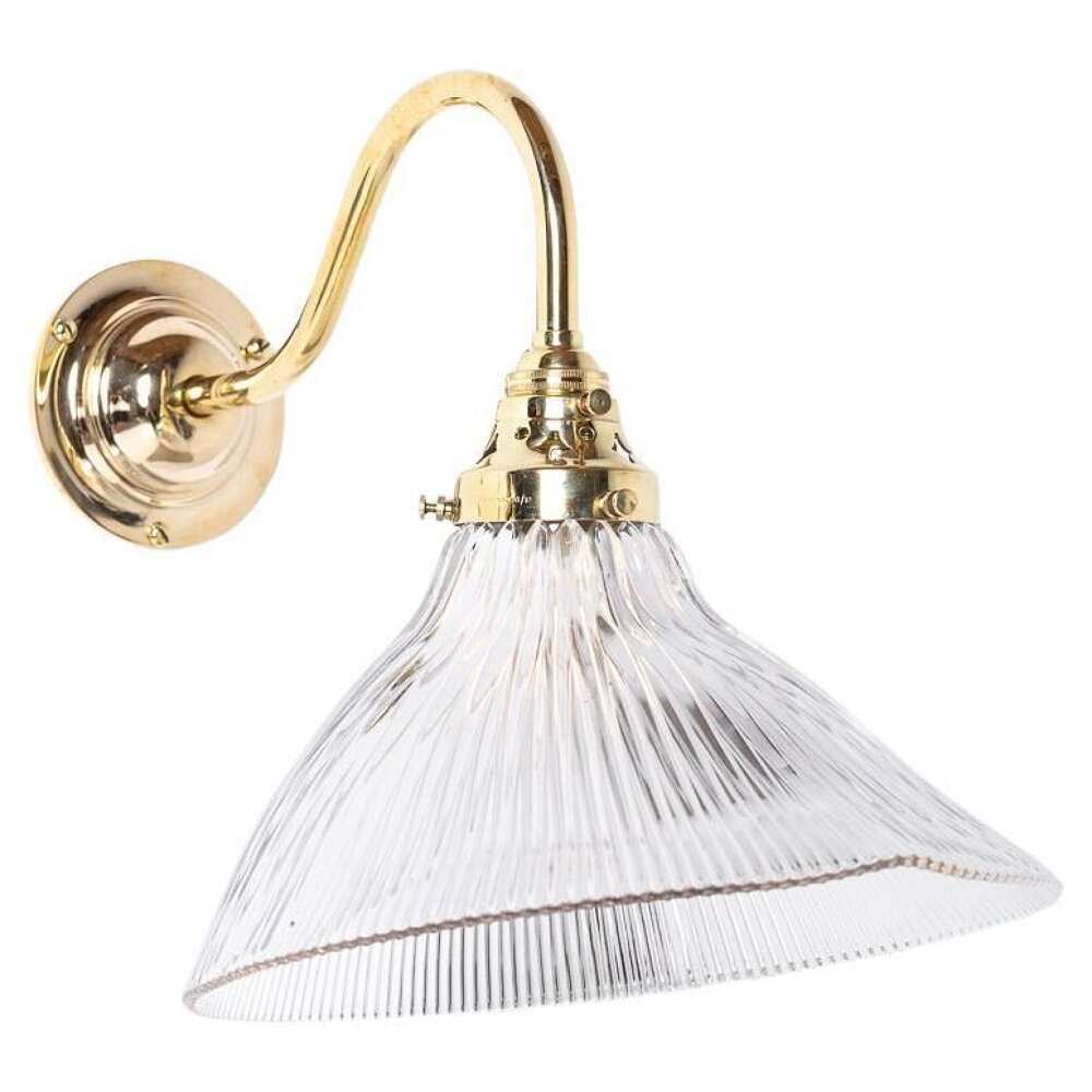 Antique Holophane Angled Prismatic Glass Wall Lights On Polished Brass Brackets