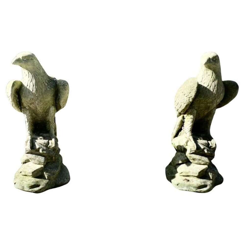 A Pair of Large Old Weathered Eagle Statues or Pillar Caps