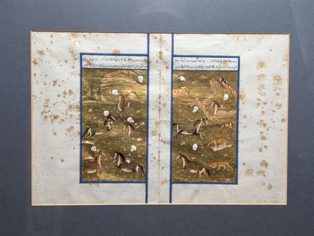 Persian Qajar gold ground polo and hunting miniature manuscript album leaves, 19th century