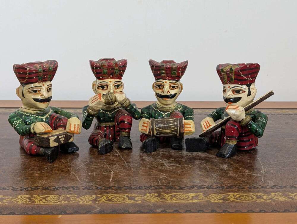 Rajasthani set of four hand-carved painted wooden folk musician figures India circa 1950