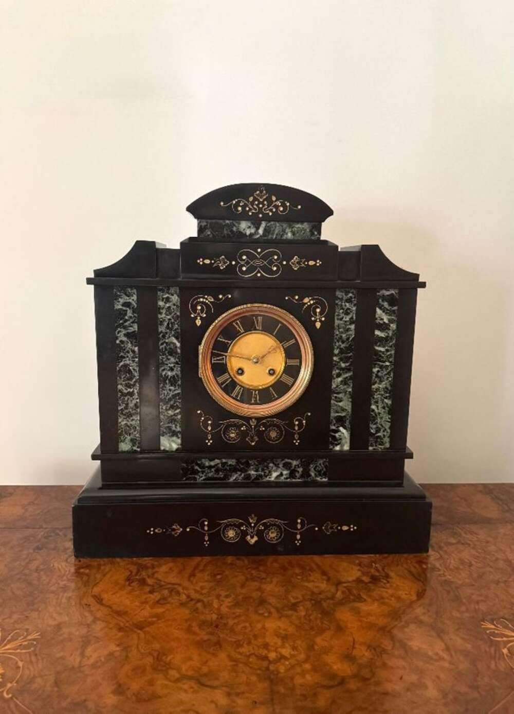 Pretty Antique Victorian Marble Inlaid Mantle Clock 