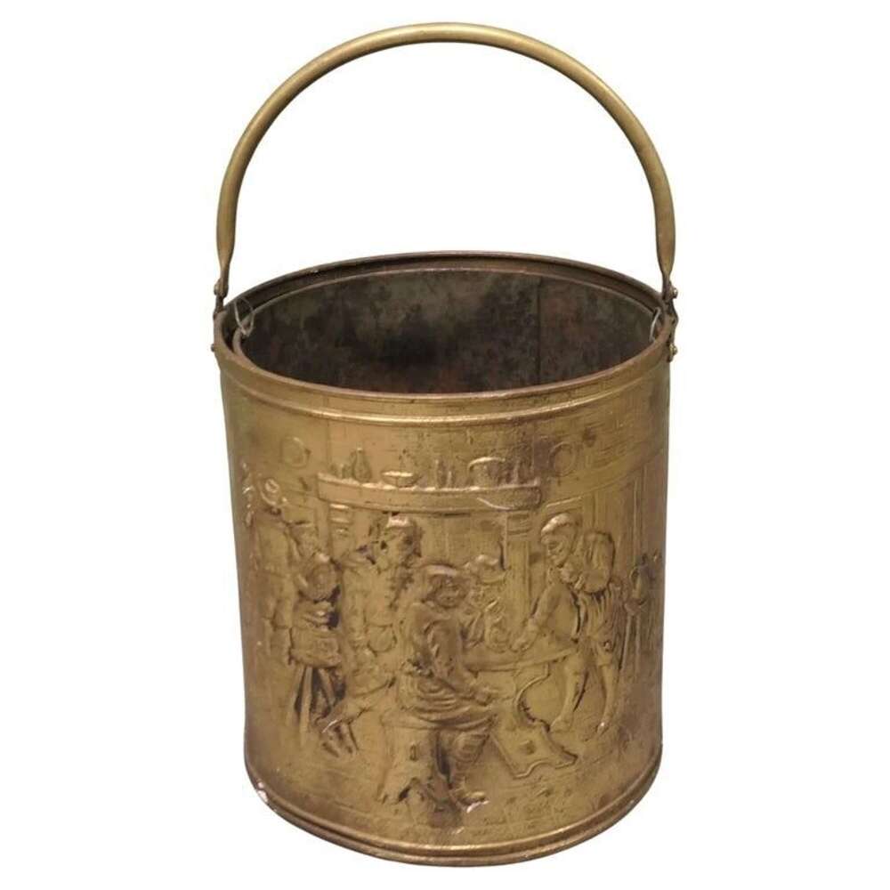 Arts and Crafts Brass Coal Bucket with Tavern Scenes