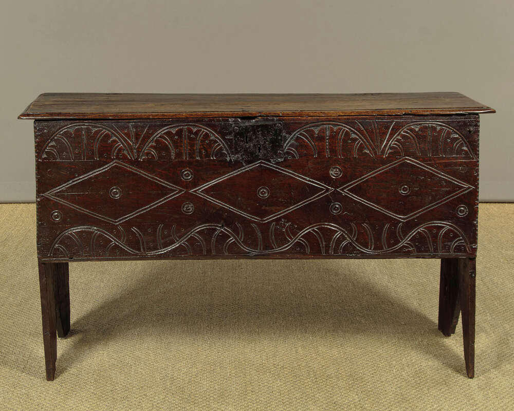 Naive Carved Oak Six Plank Chest C.1600