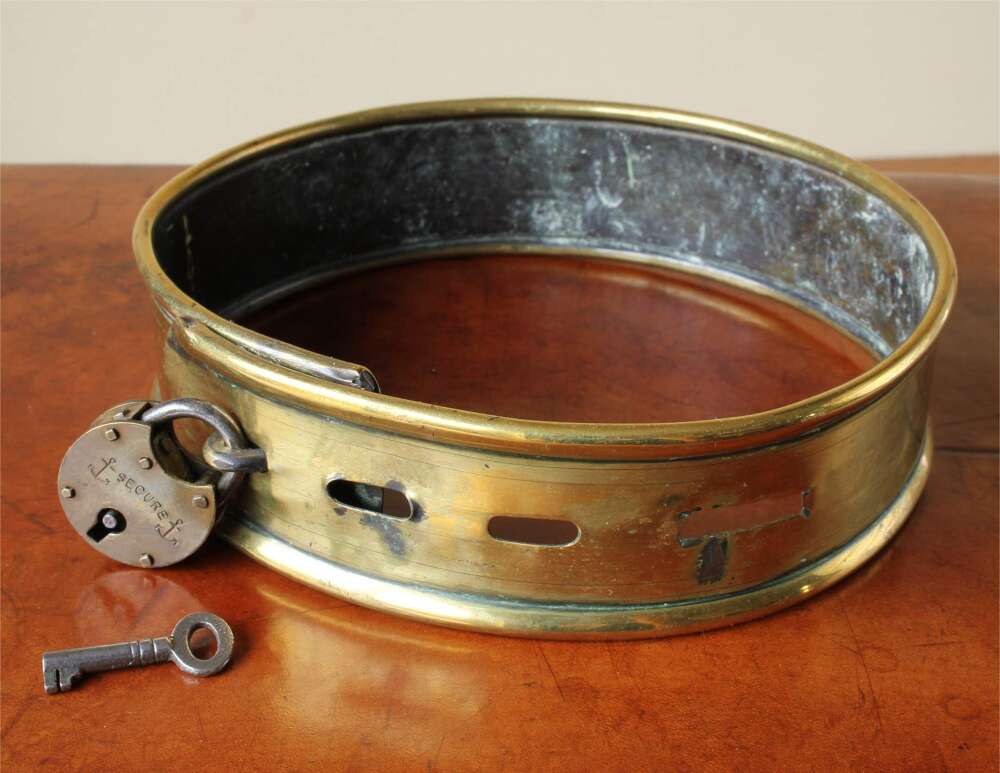 Large Victorian Brass Dog Collar & Lock. Big Bulldog Collar 19th Century.
