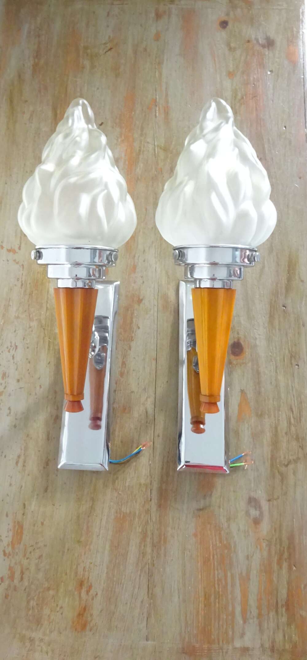 Deco Butterscotch Phenolic Flambeau Wall Sconces