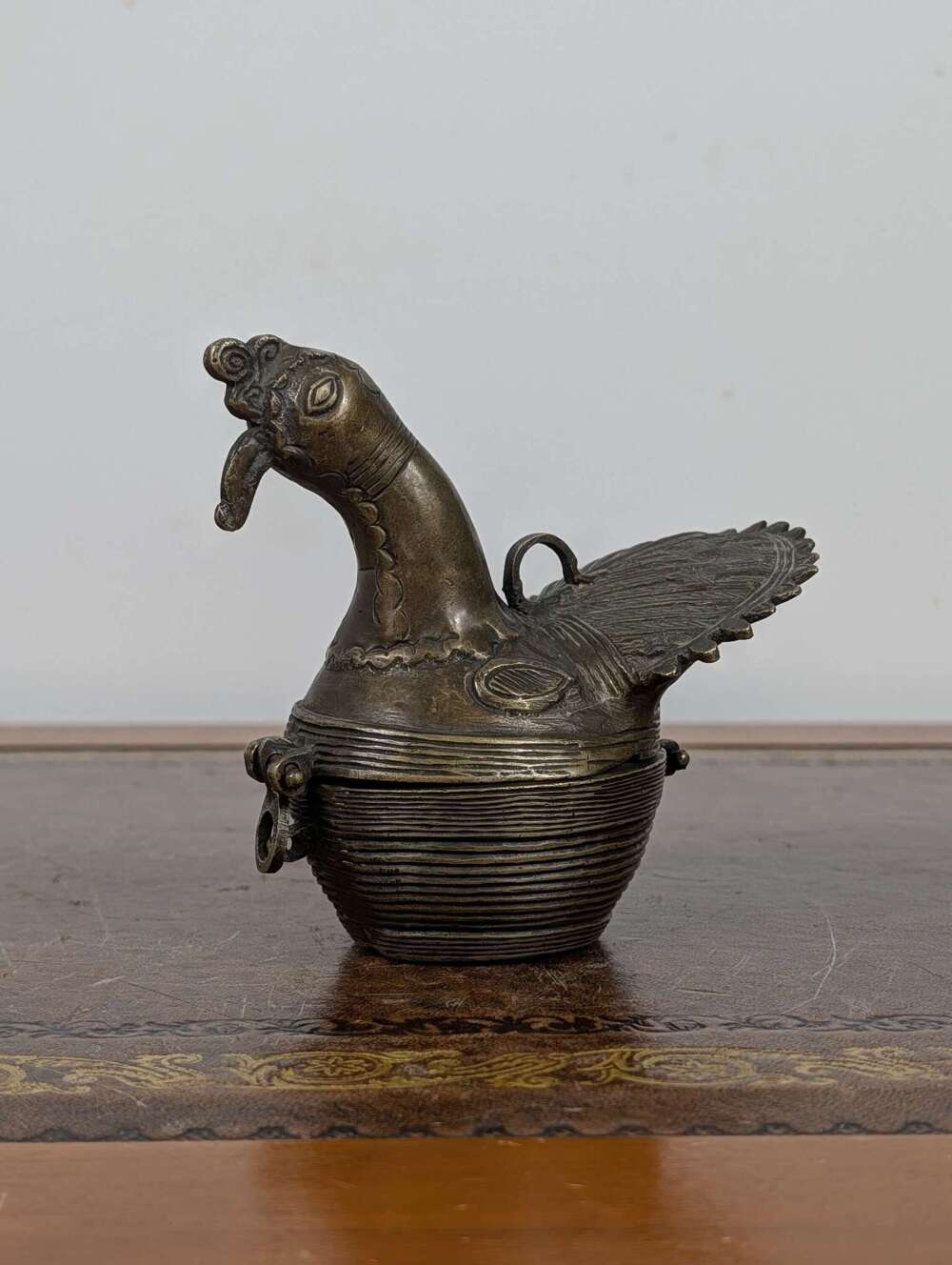 Indian dhokra bronze peacock betel box, lost-wax technique piece, antiques circa 1900