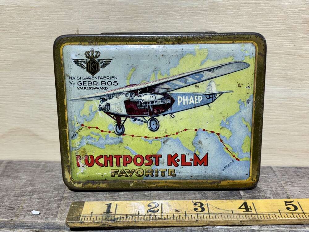 KLM Luchtpost Fokker Airplane Image Cigar Tin c1920s