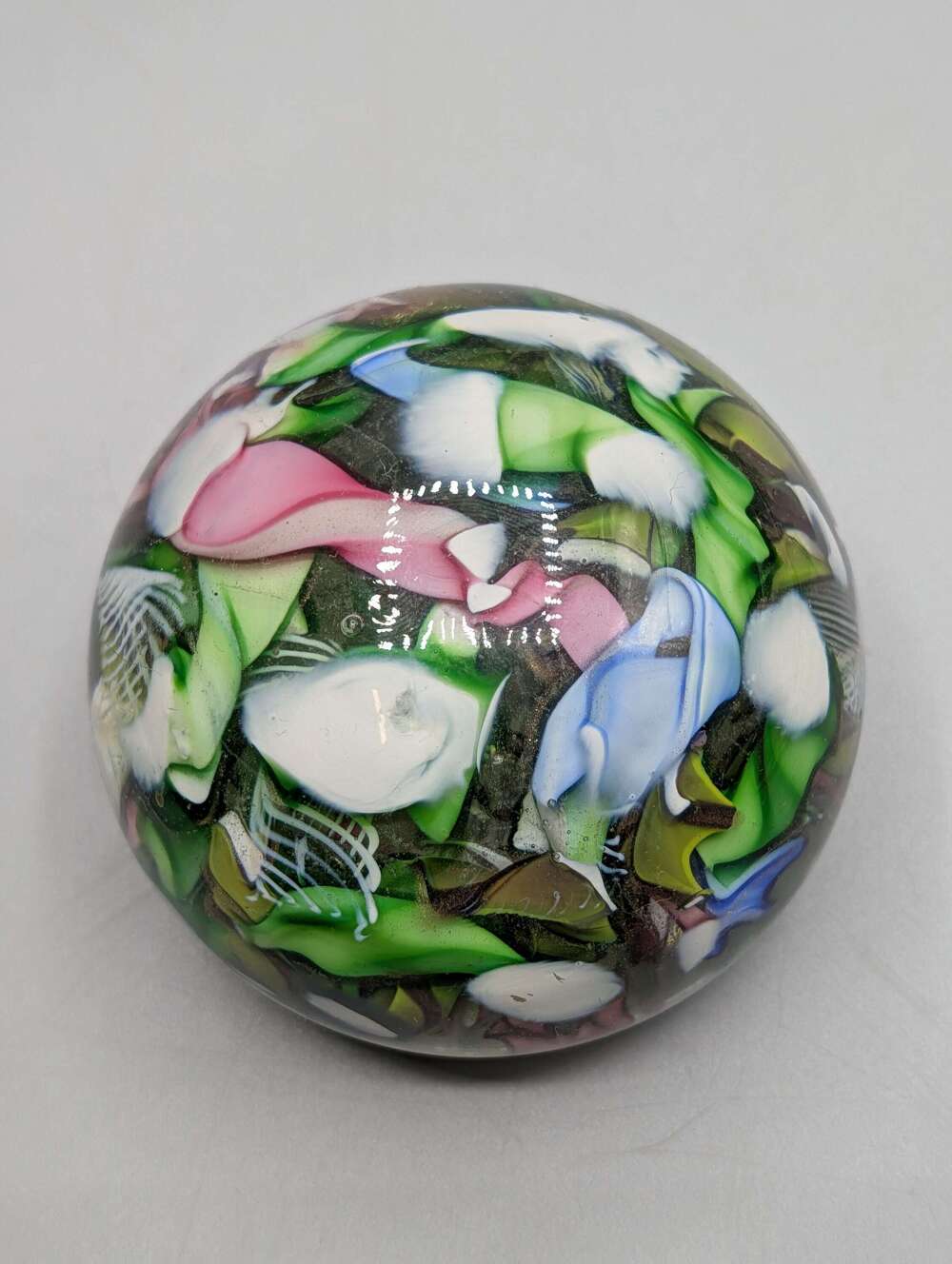 Murano AVEM tutti frutti scramble glass paperweight with multicoloured canes, mid century