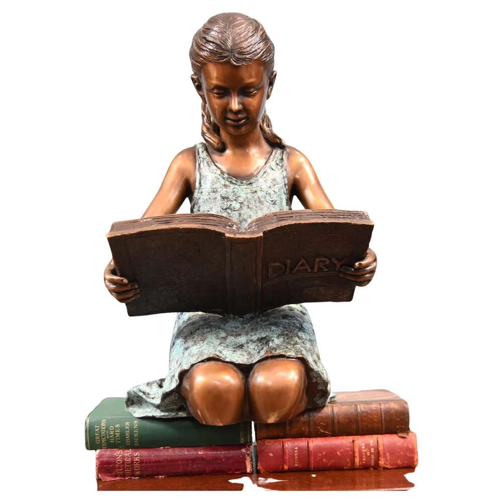 Bronze Girl Reading Statue Tabletop Casting