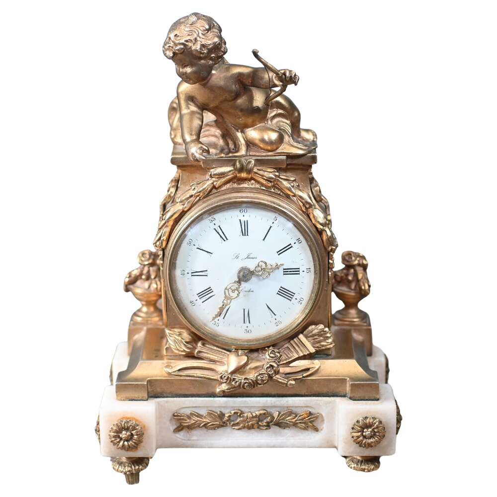 English Gilt Mantel Clock Cherub St James London 1880