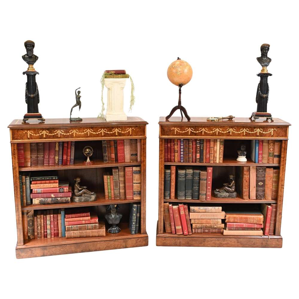 Pair Sheraton Antique Bookcases - Walnut Low Open Front Antique Bookcase