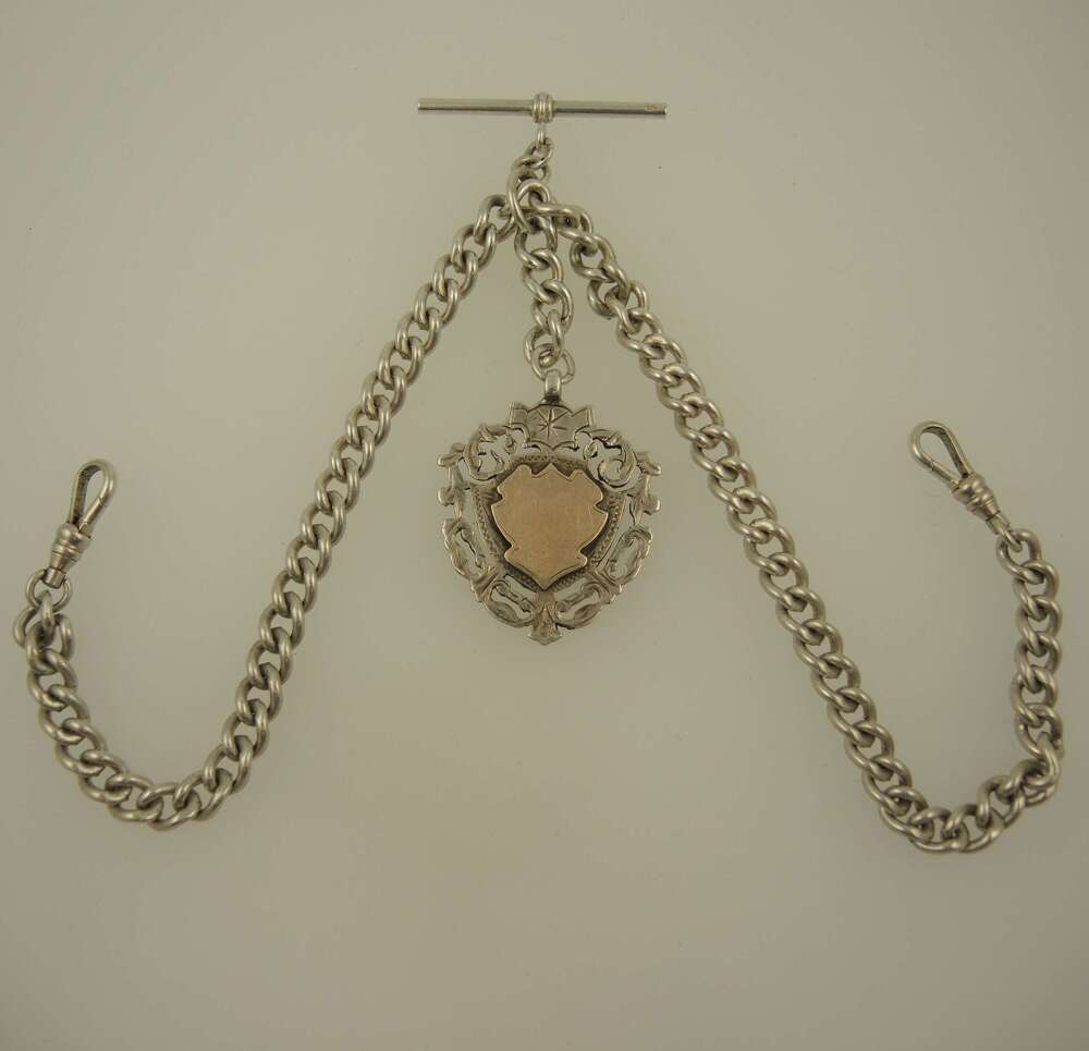 Solid silver single or double pocket watch chain. With Fob c1950
