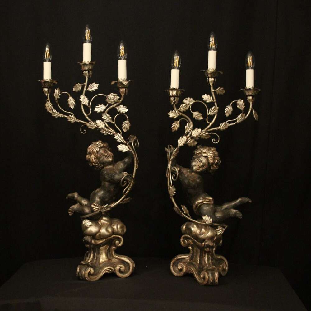 French Pair Silver Giltwwod Cherub Candelabra