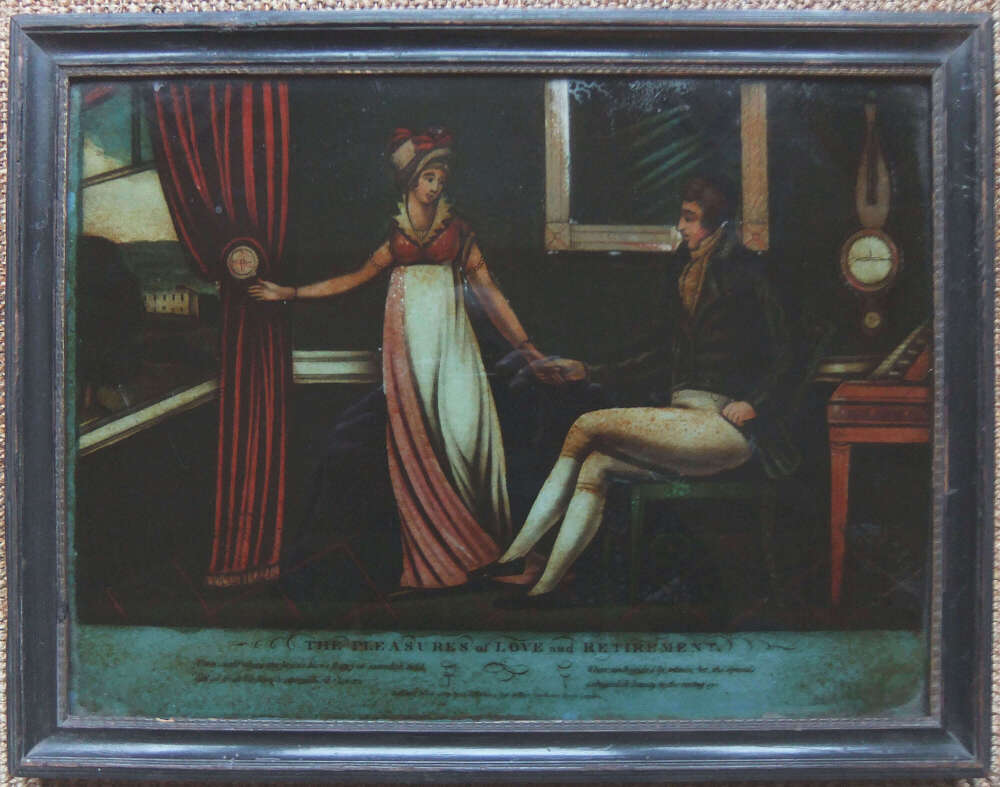 B. Walker "The Pleasures of Love and Retirement" reverse mezzotint on glass