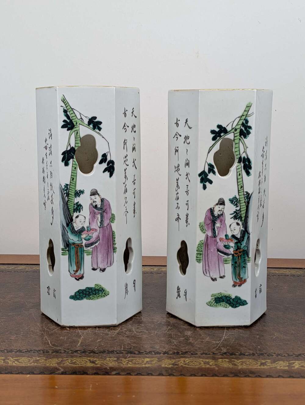 Rare pair Chinese hexagonal hat stands with mirror decoration, Republic period, caligraphy