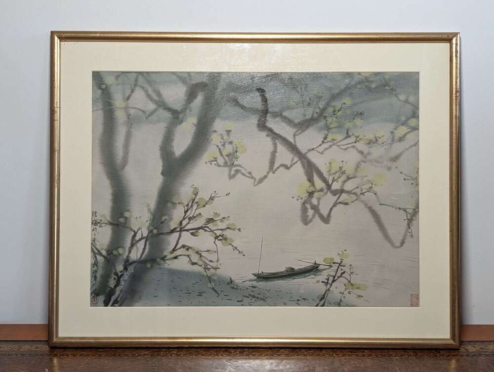 Japanese Nihonga ink and wash painting of winter blossoms and sampan boat circa 1950