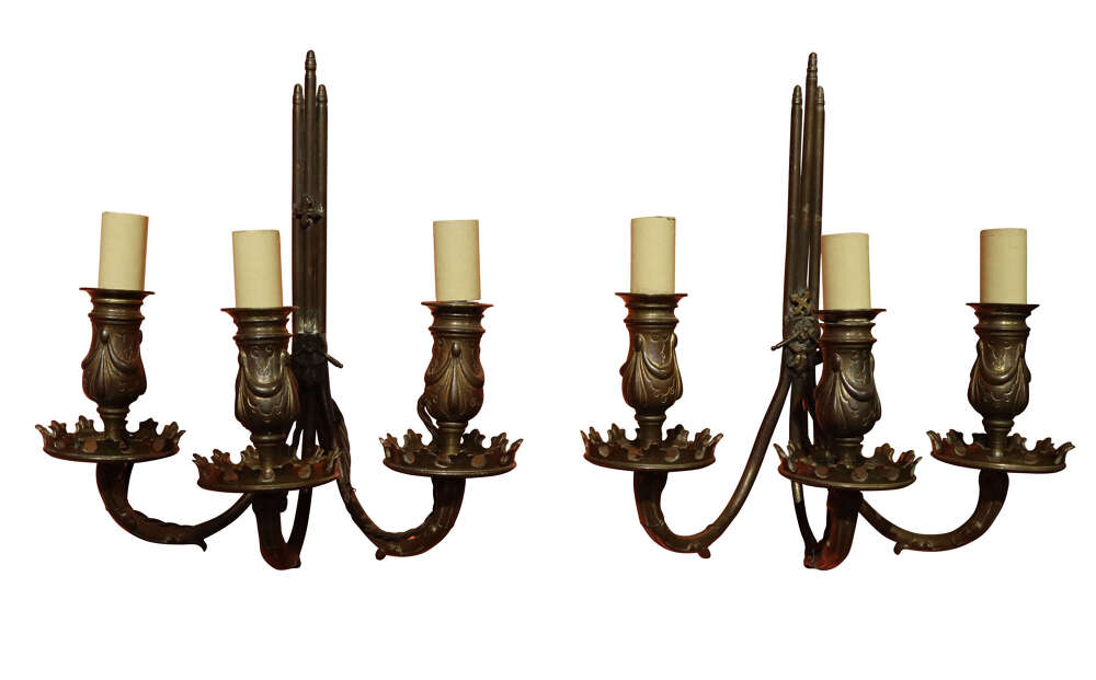 A Pair of Patinated Brass Three-Branch Wall Sconces, circa 1900