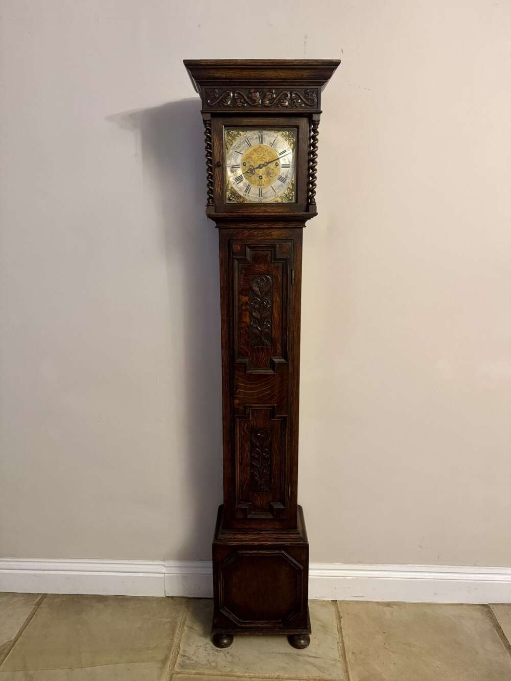 Fine Quality Antique Edwardian Oak Triple Weight Chiming Grandmother Clock